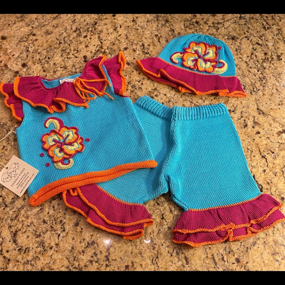 NWT *ZACKALI 4 KIDS* 100% Cotton Hand-Knitted 3-Piece Set: Size 6M - Picture 2 of 2